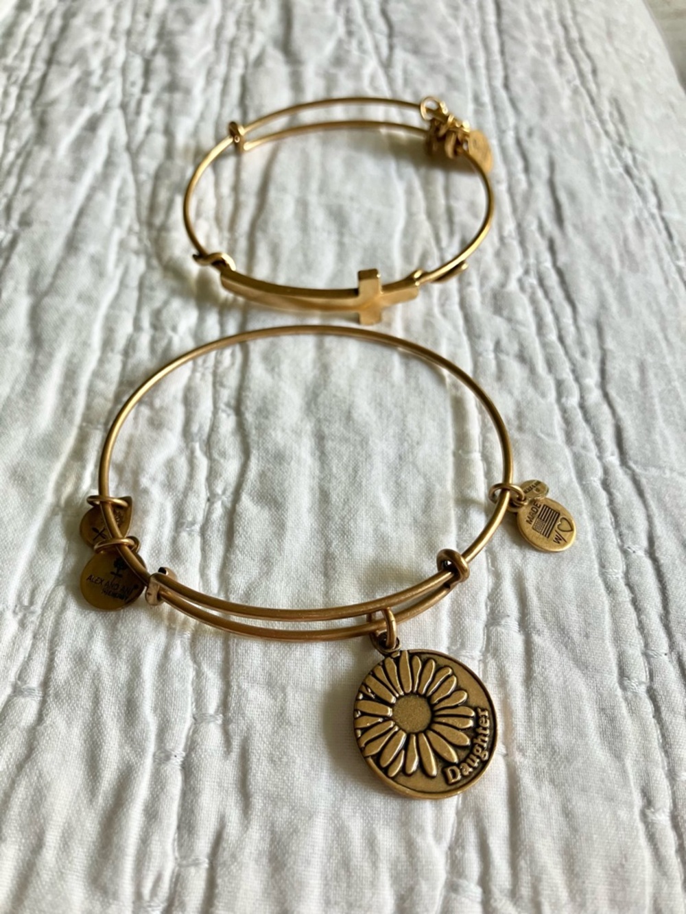 Alex and Ani Gold Daisy Daughter Disc Charm and Cross Bangle Bracelets